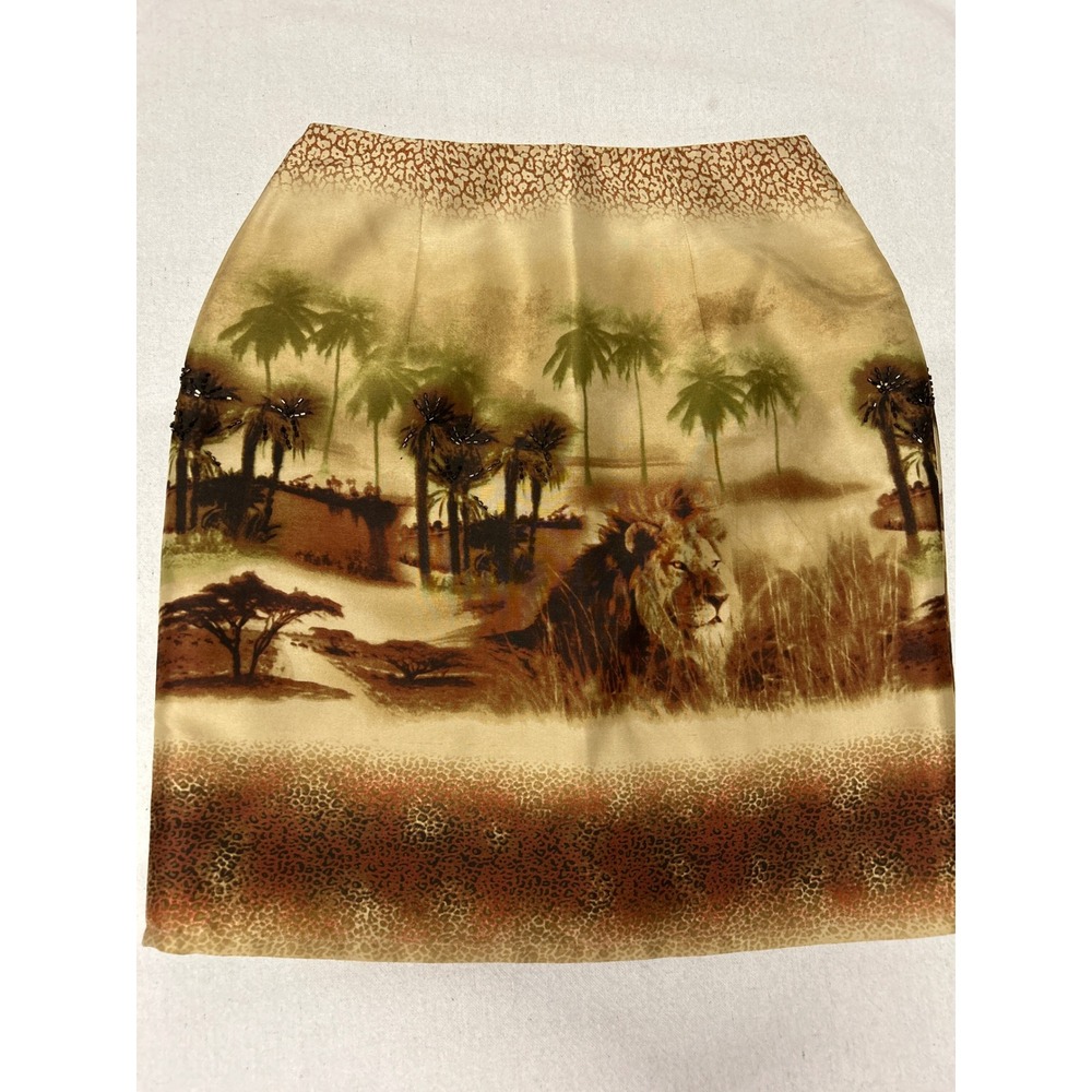 Silk Club Petite Vintage Y2K Silk Safari Lion Beaded Mini Skirt Tan Size 4P